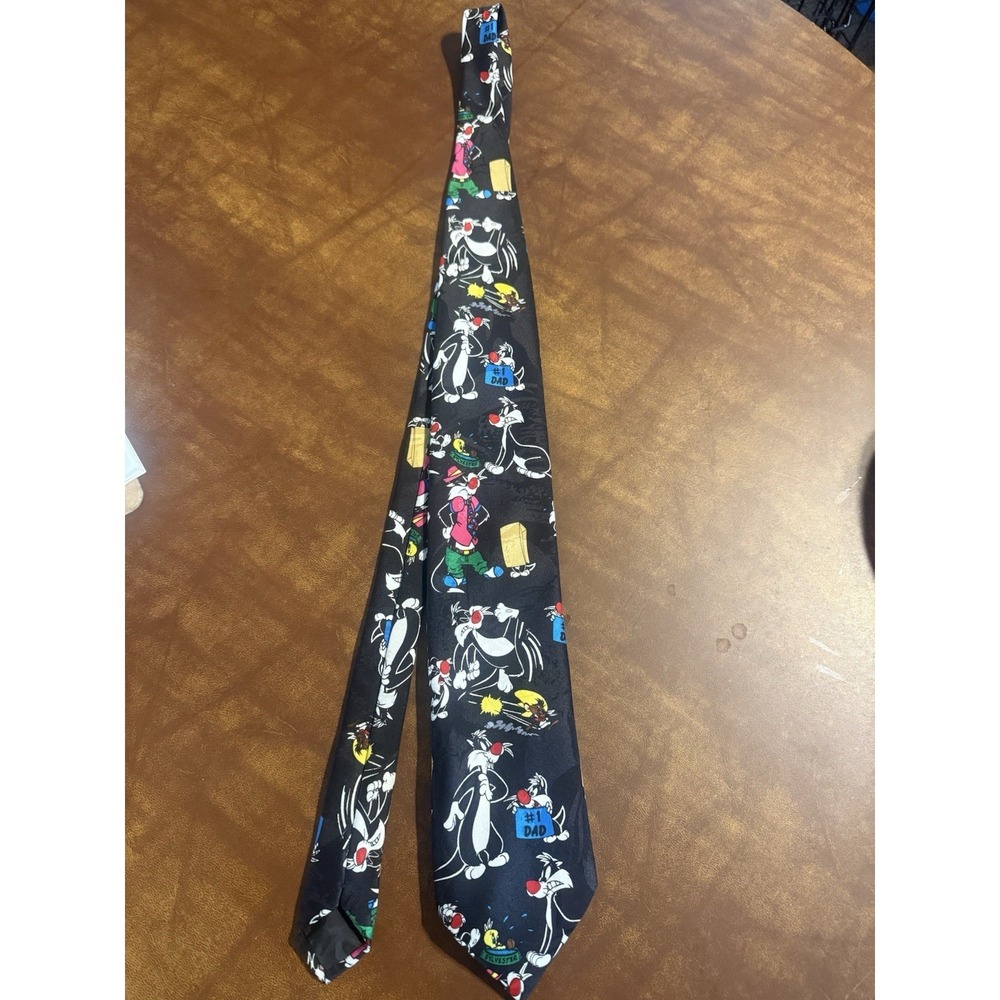 VINTAGE LOONEY TUNES MANIA Mens Neck Tie Black Sylvester All Over Print Textured